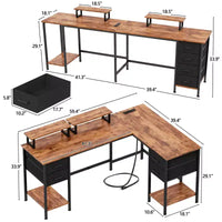 Bureau d'angle en forme de L brun rustique de 59 pouces avec station de charge, bureau de jeu pour deux personnes, 4 tiroirs, 2 supports d'écran, poste de travail de bureau à domicile