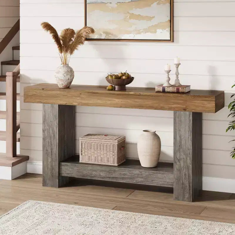 Console de ferme - Table d'entrée à 2 niveaux avec rangement pour salon, couloir et entrée