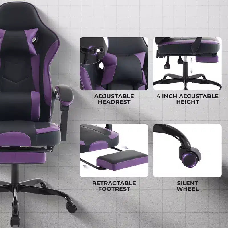 Chaise de jeu ergonomique Ora Maison avec repose-pieds et soutien lombaire massant, chaise d'ordinateur pivotante réglable en hauteur pour adultes, capacité de 136 kg, violet
