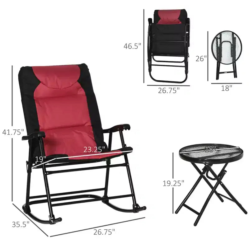 NAYSAYE Ensemble de mobilier de patio 3 pièces Chaises berçantes pliantes avec table basse en verre Ensemble bistrot pour porche balcon camping, rouge, 26.75*35.5*41.75