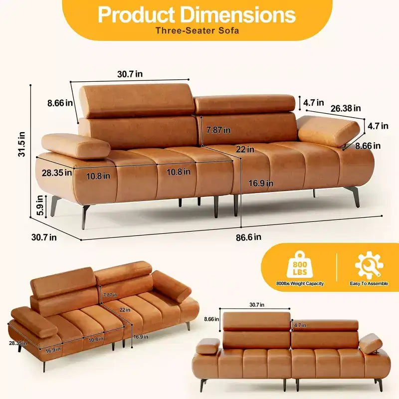 Canapé-lit 3 places en similicuir 86,6" - canapé convertible futon avec dossier réglable et design fractionné - brun