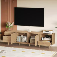 Meuble TV Danny Boho GDFStudio avec portes en rotin tressé, rangement ouvert et tiroirs