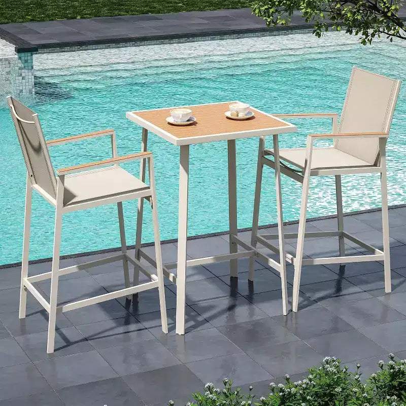 LAUSAINT HOME Ensemble de bar 3 pièces pour patio, table et chaises de bar en textilène tout temps avec plateau imitation bois