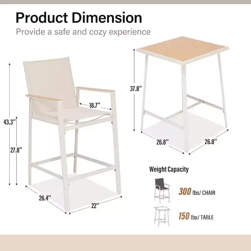 LAUSAINT HOME Ensemble de bar 3 pièces pour patio, table et chaises de bar en textilène tout temps avec plateau imitation bois