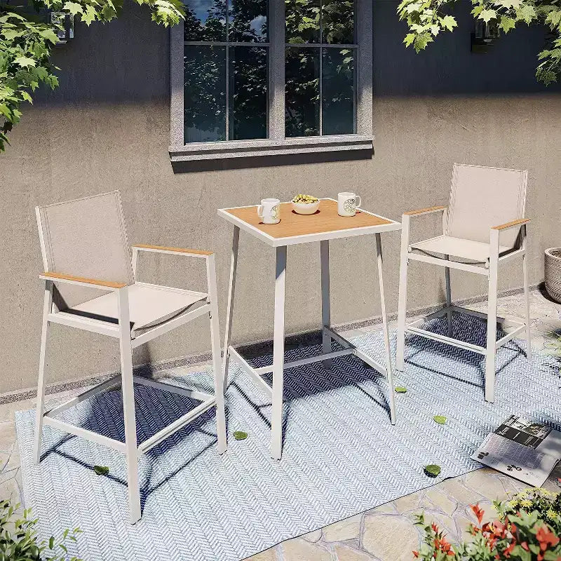 LAUSAINT HOME Ensemble de bar 3 pièces pour patio, table et chaises de bar en textilène tout temps avec plateau imitation bois