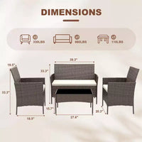 Ensemble de meubles de patio 4 pièces avec canapé en rotin, 2 chaises rembourrées et table basse, ensemble de bistrot de conversation extérieur pour jardin et arrière-cour