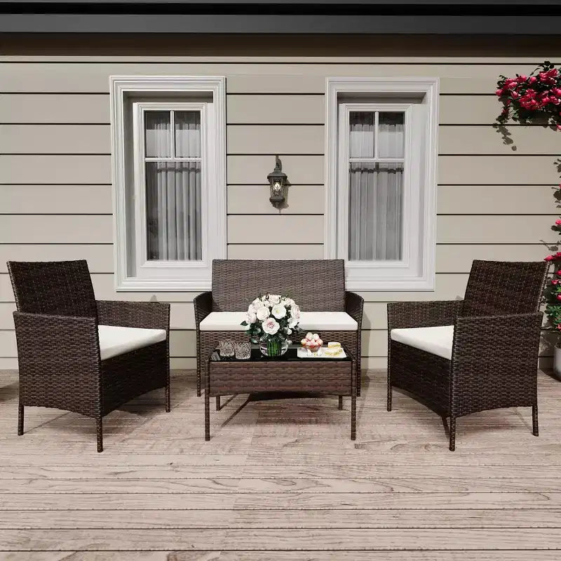 Ensemble de meubles de patio 4 pièces avec canapé en rotin, 2 chaises rembourrées et table basse, ensemble de bistrot de conversation extérieur pour jardin et arrière-cour