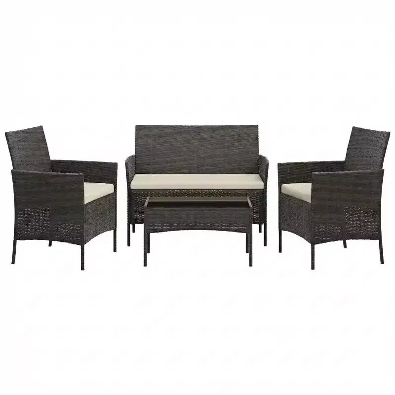 Ensemble de meubles de patio 4 pièces avec canapé en rotin, 2 chaises rembourrées et table basse, ensemble de bistrot de conversation extérieur pour jardin et arrière-cour