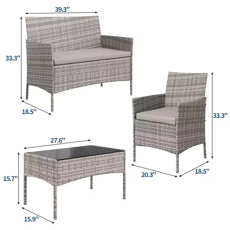 Ensemble de meubles de patio 4 pièces avec canapé en rotin, 2 chaises rembourrées et table basse, ensemble de bistrot de conversation extérieur pour jardin et arrière-cour