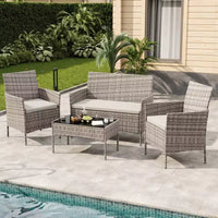 Ensemble de meubles de patio 4 pièces avec canapé en rotin, 2 chaises rembourrées et table basse, ensemble de bistrot de conversation extérieur pour jardin et arrière-cour