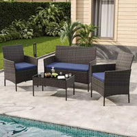 Ensemble de meubles de patio 4 pièces avec canapé en rotin, 2 chaises rembourrées et table basse, ensemble de bistrot de conversation extérieur pour jardin et arrière-cour