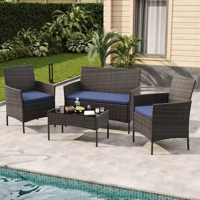 Ensemble de meubles de patio 4 pièces avec canapé en rotin, 2 chaises rembourrées et table basse, ensemble de bistrot de conversation extérieur pour jardin et arrière-cour
