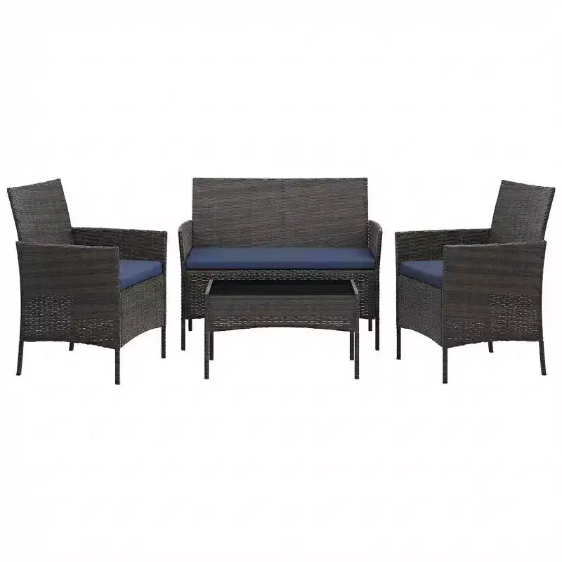 Ensemble de meubles de patio 4 pièces avec canapé en rotin, 2 chaises rembourrées et table basse, ensemble de bistrot de conversation extérieur pour jardin et arrière-cour