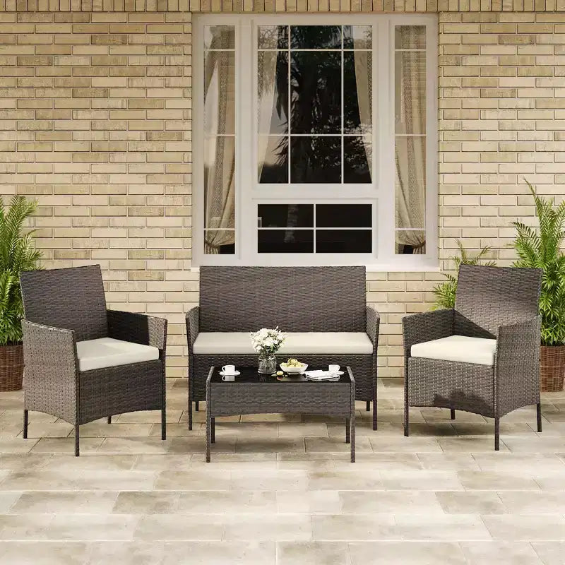 Ensemble de meubles de patio 4 pièces avec canapé en rotin, 2 chaises rembourrées et table basse, ensemble de bistrot de conversation extérieur pour jardin et arrière-cour