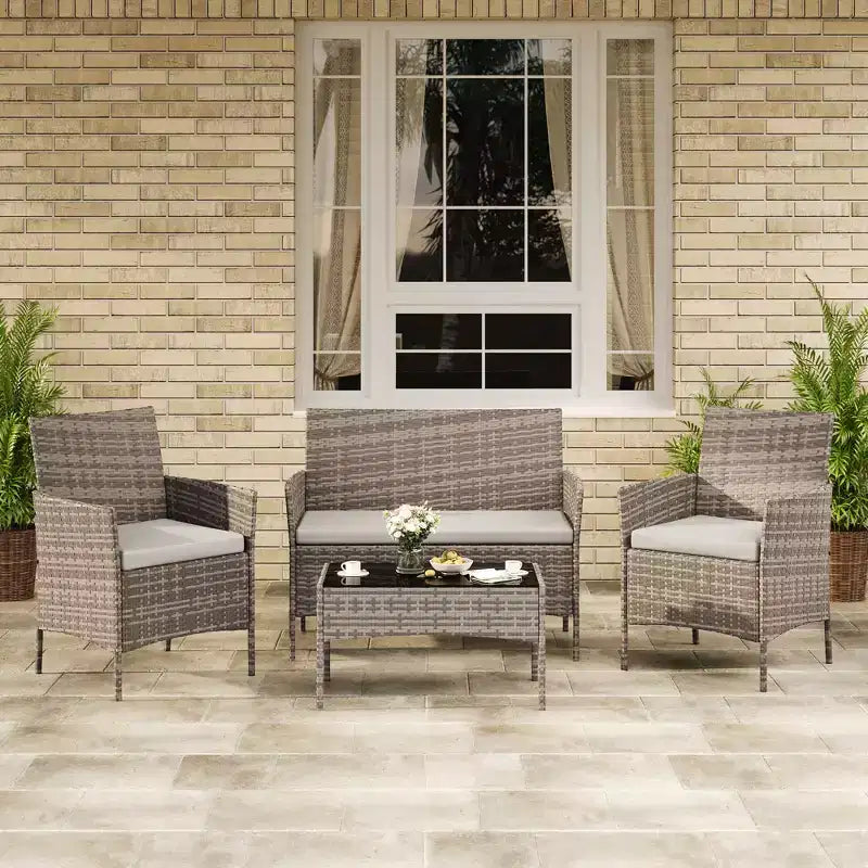 Ensemble de meubles de patio 4 pièces avec canapé en rotin, 2 chaises rembourrées et table basse, ensemble de bistrot de conversation extérieur pour jardin et arrière-cour