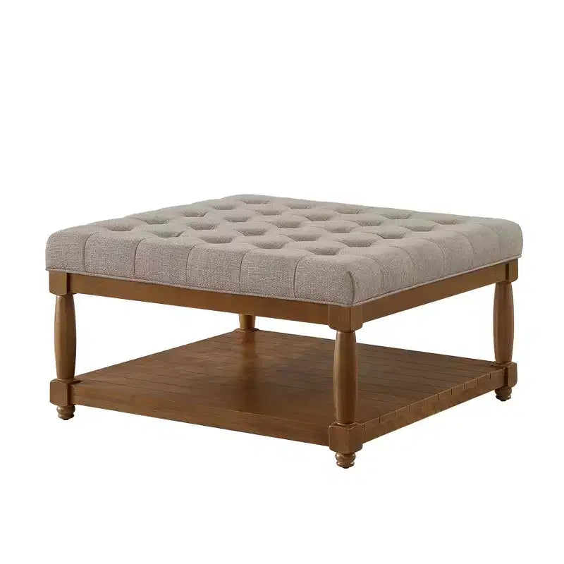 Pouf carré GDFStudio Chloe moderne en bois, rembourré en lin et capitonné, avec étagère de rangement