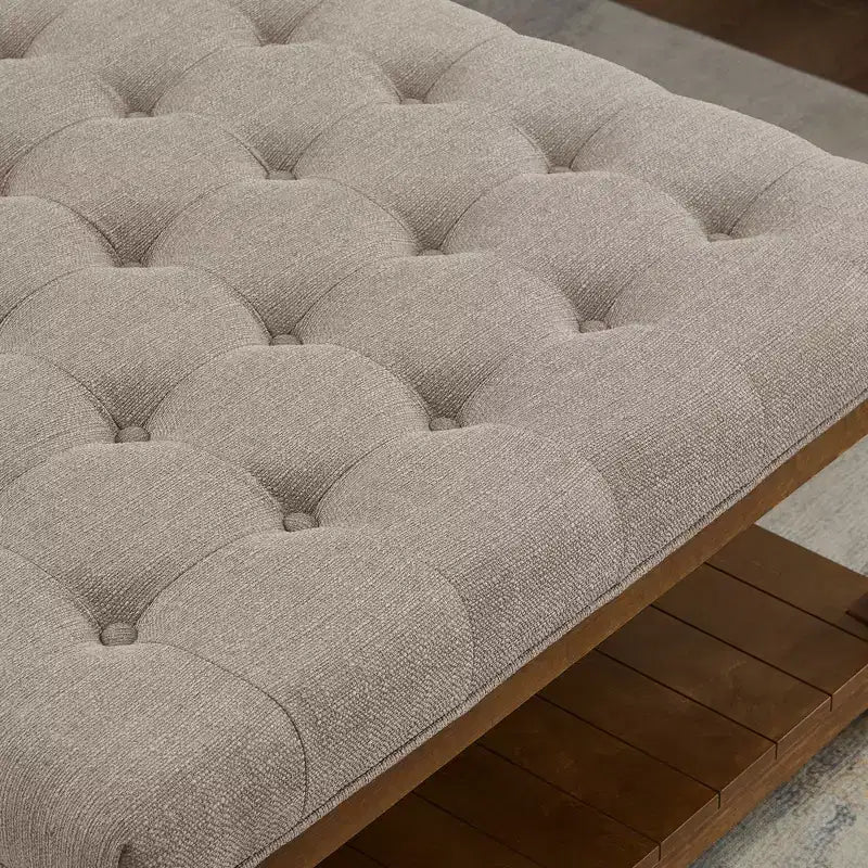 Pouf carré GDFStudio Chloe moderne en bois, rembourré en lin et capitonné, avec étagère de rangement