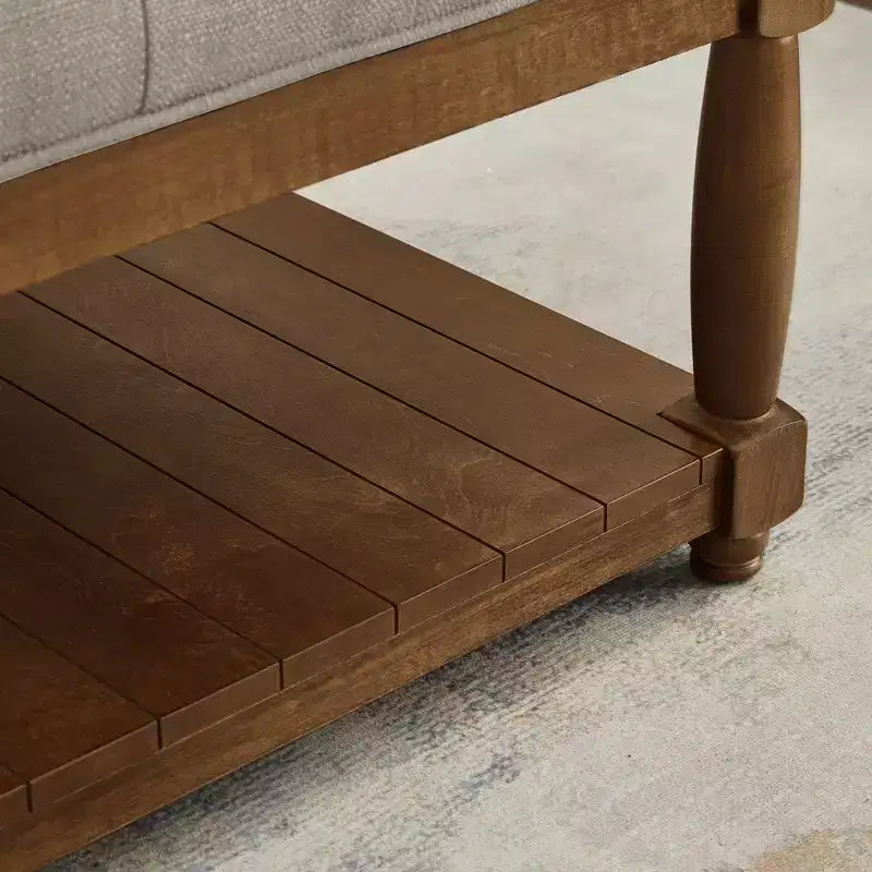 Pouf carré GDFStudio Chloe moderne en bois, rembourré en lin et capitonné, avec étagère de rangement