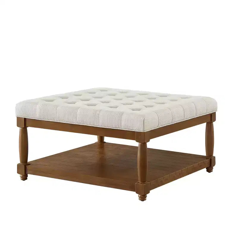 Pouf carré GDFStudio Chloe moderne en bois, rembourré en lin et capitonné, avec étagère de rangement