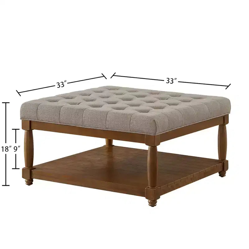Pouf carré GDFStudio Chloe moderne en bois, rembourré en lin et capitonné, avec étagère de rangement