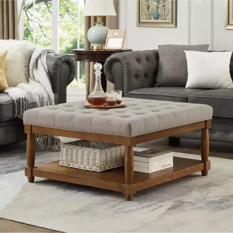 Pouf carré GDFStudio Chloe moderne en bois, rembourré en lin et capitonné, avec étagère de rangement