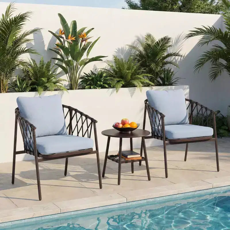LAUSAINT HOME Ensemble de bistro 3 pièces pour terrasse, chaises en corde tressée avec coussins, mobilier d'extérieur et table d'appoint
