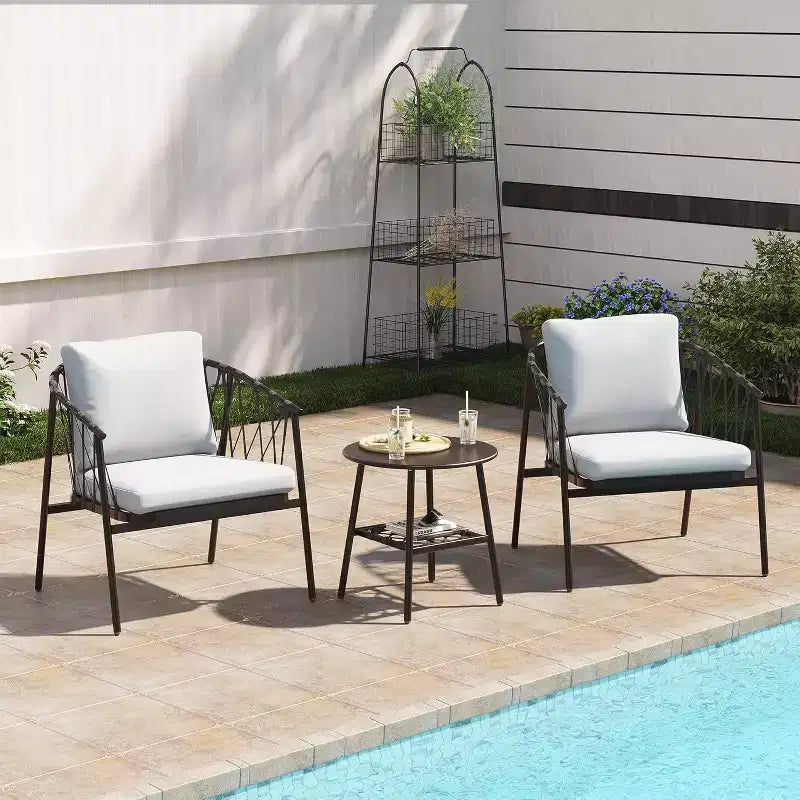 LAUSAINT HOME Ensemble de bistro 3 pièces pour terrasse, chaises en corde tressée avec coussins, mobilier d'extérieur et table d'appoint