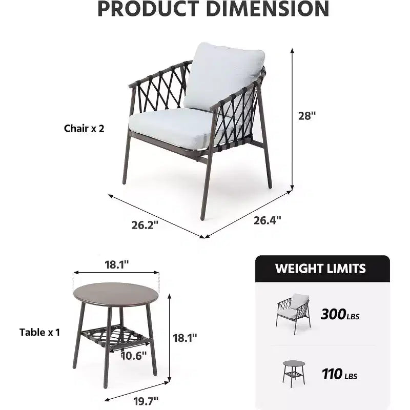 LAUSAINT HOME Ensemble de bistro 3 pièces pour terrasse, chaises en corde tressée avec coussins, mobilier d'extérieur et table d'appoint