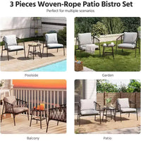 LAUSAINT HOME Ensemble de bistro 3 pièces pour terrasse, chaises en corde tressée avec coussins, mobilier d'extérieur et table d'appoint