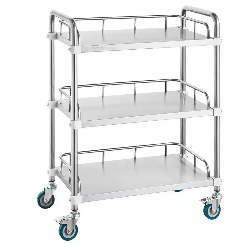 Chariot de laboratoire roulant en acier inoxydable à 3 étagères avec garde-corps et roulettes pivotantes, capacité de 100 kg, chariot médical dentaire utilitaire 66x40x86 cm