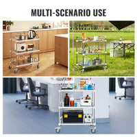 Chariot de laboratoire roulant en acier inoxydable à 3 étagères avec garde-corps et roulettes pivotantes, capacité de 100 kg, chariot médical dentaire utilitaire 66x40x86 cm