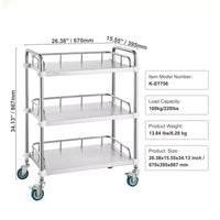 Chariot de laboratoire roulant en acier inoxydable à 3 étagères avec garde-corps et roulettes pivotantes, capacité de 100 kg, chariot médical dentaire utilitaire 66x40x86 cm