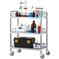 Chariot de laboratoire roulant en acier inoxydable à 3 étagères avec garde-corps et roulettes pivotantes, capacité de 100 kg, chariot médical dentaire utilitaire 66x40x86 cm
