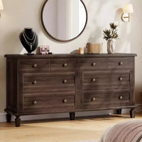 Commode à 8 tiroirs pour chambre à coucher, meuble TV vintage de 59 po avec poignées sculptées et pieds fuselés, commode en bois avec grande capacité de rangement
