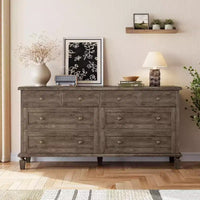 Commode à 8 tiroirs pour chambre à coucher, meuble TV vintage de 59 po avec poignées sculptées et pieds fuselés, commode en bois avec grande capacité de rangement
