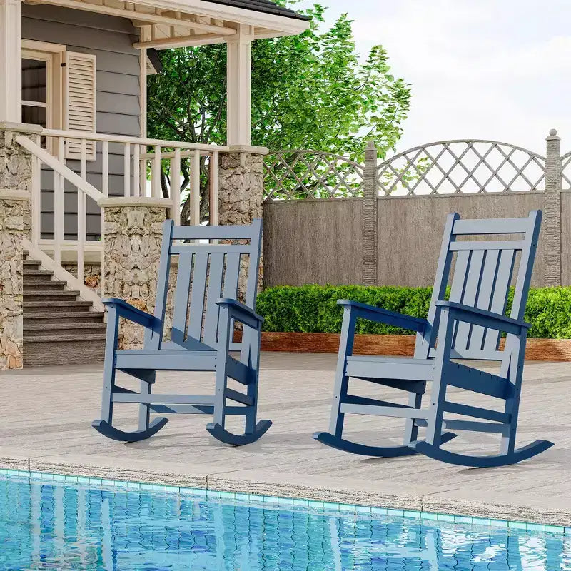 Ensemble de 2 fauteuils à bascule d'extérieur en PEHD tout temps avec dossier haut pour véranda et patio, confort haute résistance, assemblage facile