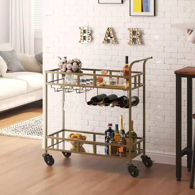 COZONY Chariot de Bar à 2 Niveaux avec Porte-Bouteilles et Porte-Verres, Desserte Roulante à Miroir avec Roues pour Cuisine et Salon