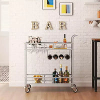 COZONY Chariot de Bar à 2 Niveaux avec Porte-Bouteilles et Porte-Verres, Desserte Roulante à Miroir avec Roues pour Cuisine et Salon
