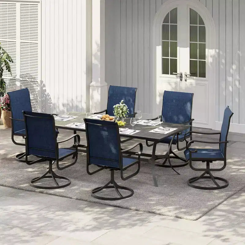Chaise de salle à manger pivotante de jardin à dossier haut, siège en textilène rembourré et respirant résistant aux intempéries, cadre basculant en métal robuste, idéale pour le jardin