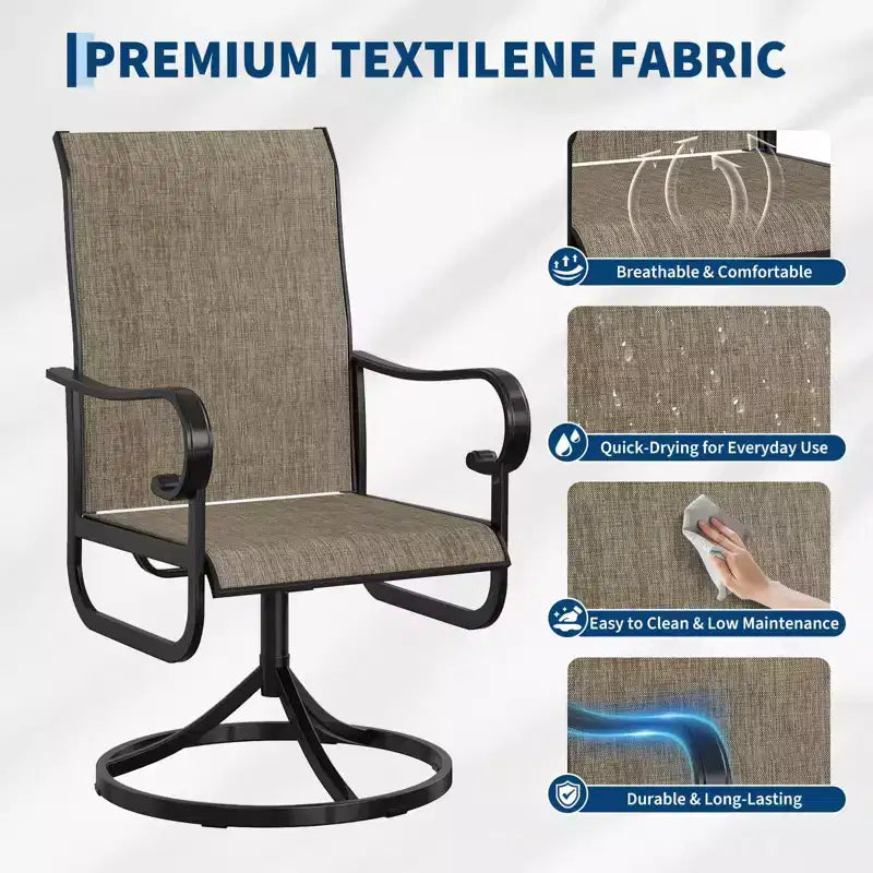 Chaise de salle à manger pivotante de jardin à dossier haut, siège en textilène rembourré et respirant résistant aux intempéries, cadre basculant en métal robuste, idéale pour le jardin
