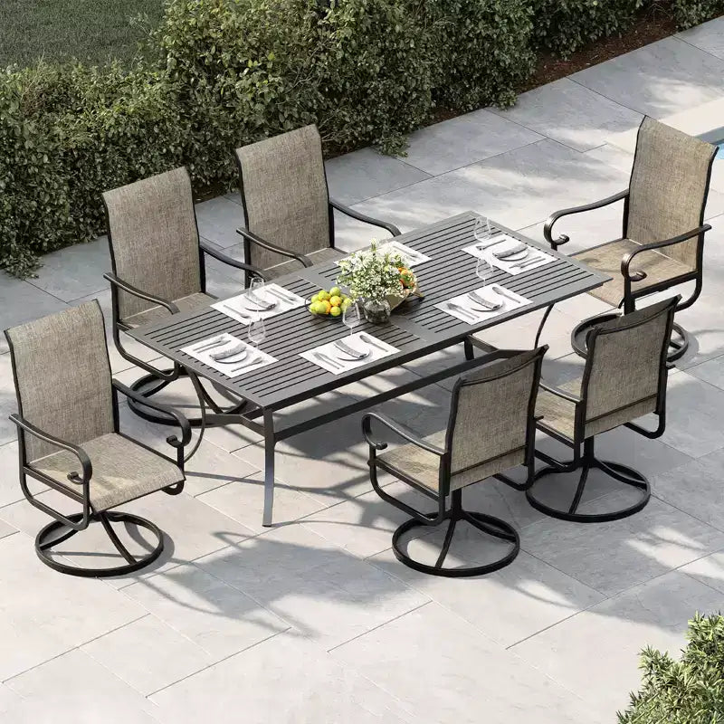 Chaise de salle à manger pivotante de jardin à dossier haut, siège en textilène rembourré et respirant résistant aux intempéries, cadre basculant en métal robuste, idéale pour le jardin