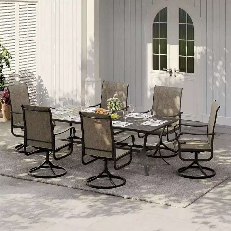 Chaise de salle à manger pivotante de jardin à dossier haut, siège en textilène rembourré et respirant résistant aux intempéries, cadre basculant en métal robuste, idéale pour le jardin