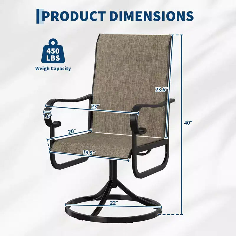 Chaise de salle à manger pivotante de jardin à dossier haut, siège en textilène rembourré et respirant résistant aux intempéries, cadre basculant en métal robuste, idéale pour le jardin