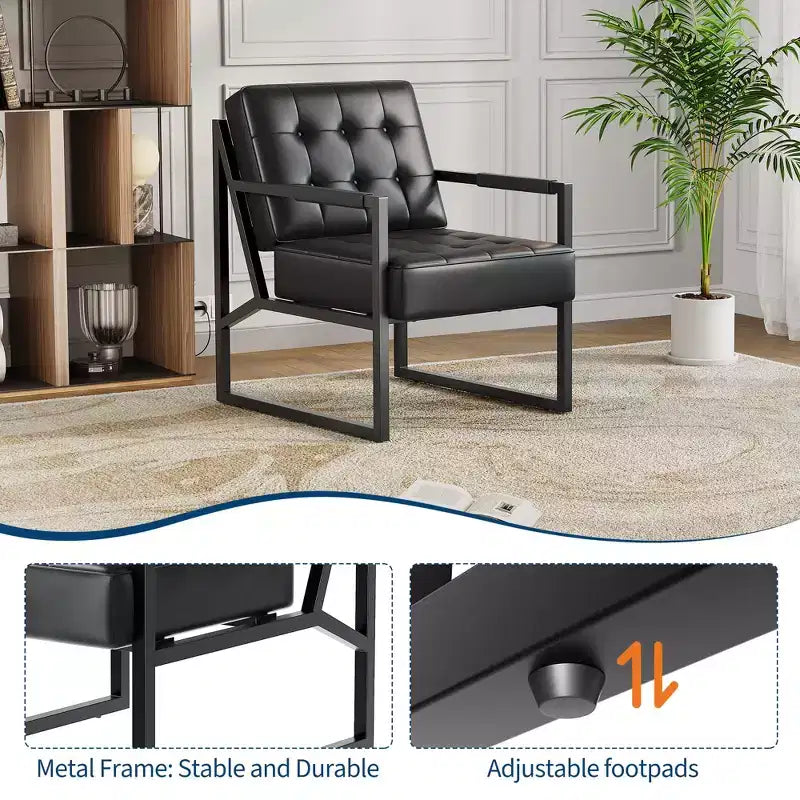 Fauteuil d'appoint Mid Century - fauteuil en similicuir avec pieds métalliques pour salon, chambre, bureau, accueil - Noir