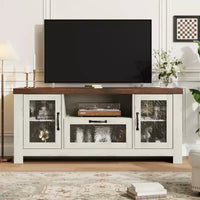 Meuble TV de ferme de 55 pouces avec portes en acrylique à motif d'ondulations d'eau Meuble de divertissement pour téléviseurs de 55 pouces, étagères réglables, capacité de 300 lb