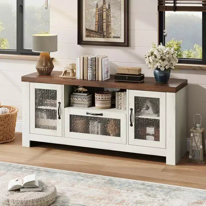 Meuble TV de ferme de 55 pouces avec portes en acrylique à motif d'ondulations d'eau Meuble de divertissement pour téléviseurs de 55 pouces, étagères réglables, capacité de 300 lb