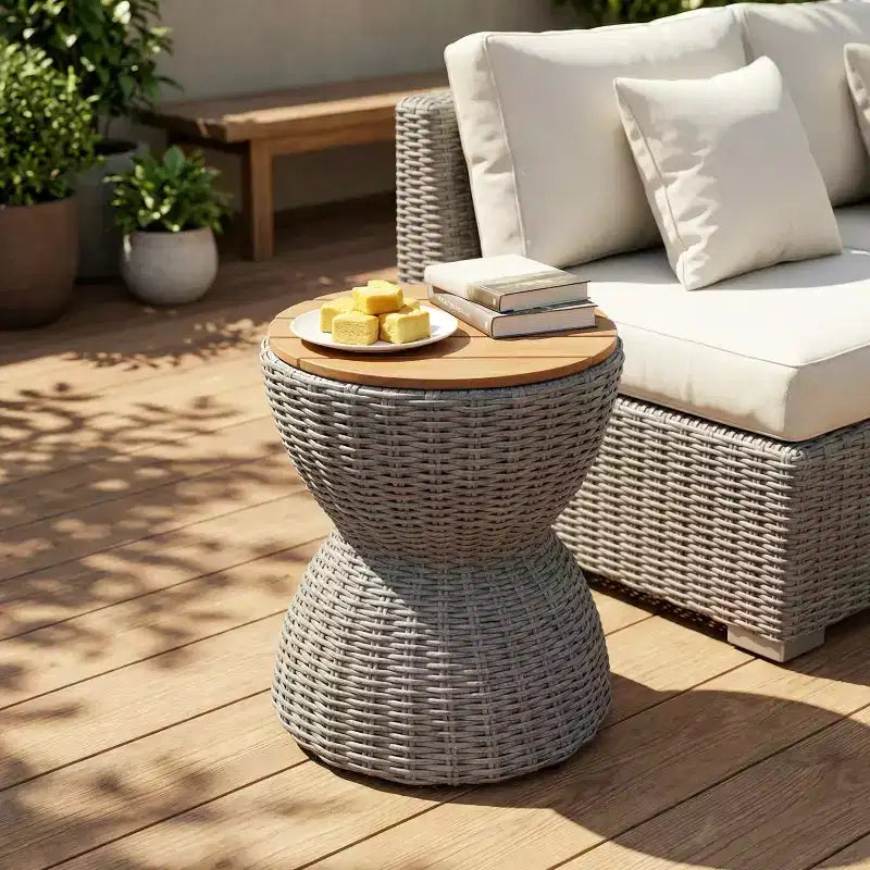 Christopher Knight Home Somchai Table d'appoint de patio moderne en bois d'acacia avec base en sablier en résine tressée et plateau rond à lattes