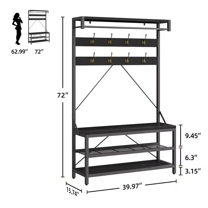 Vestiaire industriel 40 avec banc et rangement à chaussures, portemanteau avec barre, crochets et étagère de rangement pour entrée et vestibule