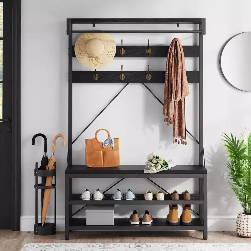 Vestiaire industriel 40 avec banc et rangement à chaussures, portemanteau avec barre, crochets et étagère de rangement pour entrée et vestibule