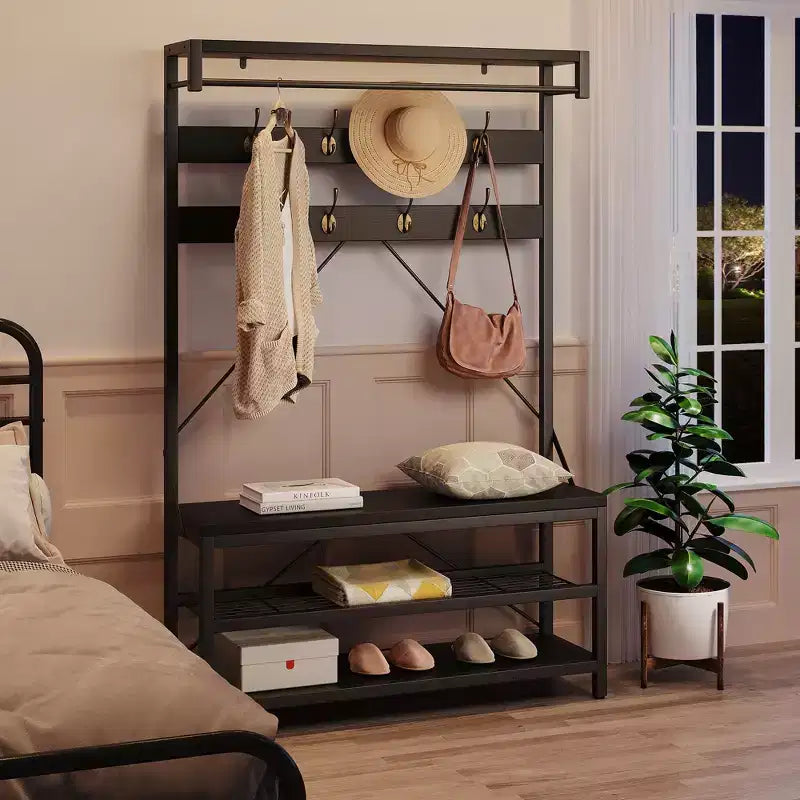 Vestiaire industriel 40 avec banc et rangement à chaussures, portemanteau avec barre, crochets et étagère de rangement pour entrée et vestibule
